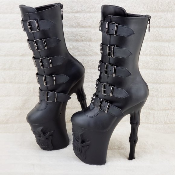 Skull & Bones Platform 8" Heel Mid Calf Boots Multiple Straps Vortex - Picture 1 of 16